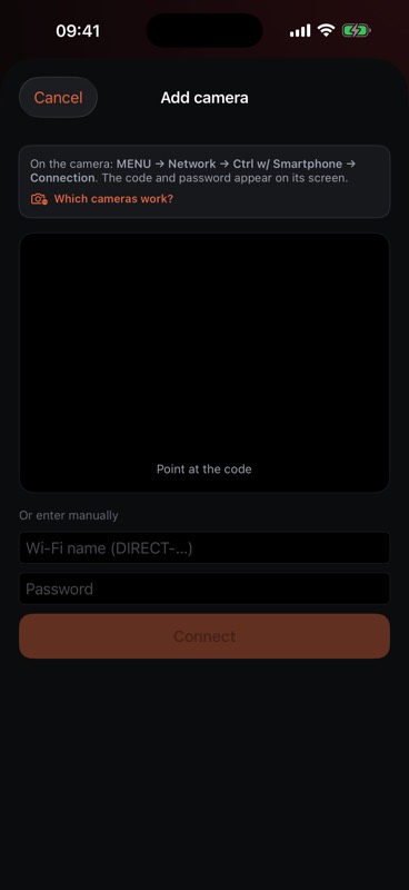 Add camera: where the camera shows its QR code, the scanner, and manual Wi-Fi entry.