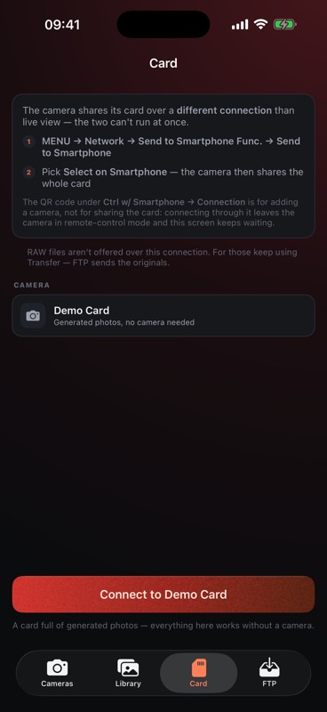 The Card tab before connecting: the Send to Smartphone steps on the camera and the Connect button.