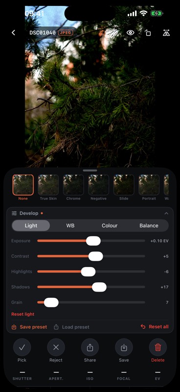 The Develop panel on its Light tab: exposure, contrast, highlights, shadows and grain under the photograph.