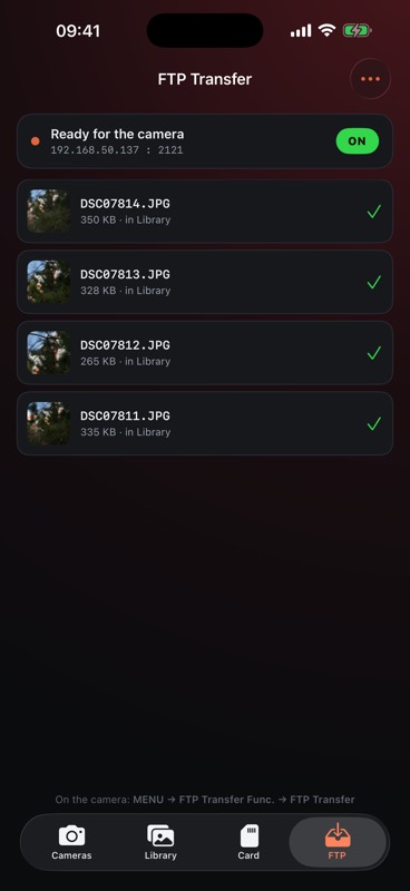 The FTP Transfer tab with the receiver on, showing the iPhone's address and port and the files that arrived.