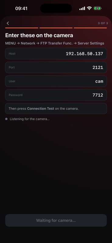 Transfer setup: Host, Port, User and Password to enter in the camera's FTP server settings.