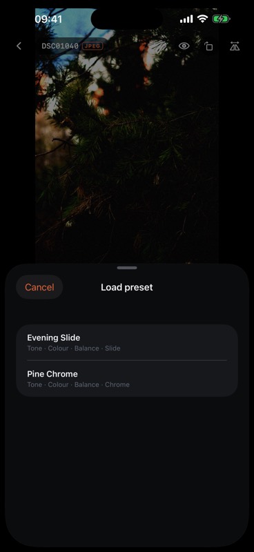 Load preset: saved recipes listed by name, each with what it holds — tone, colour, balance and a look.