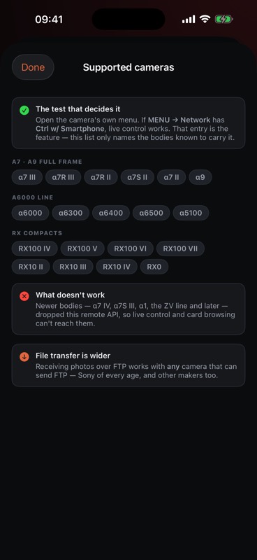 The Supported cameras screen: the menu test, the models by family, and what doesn't work.