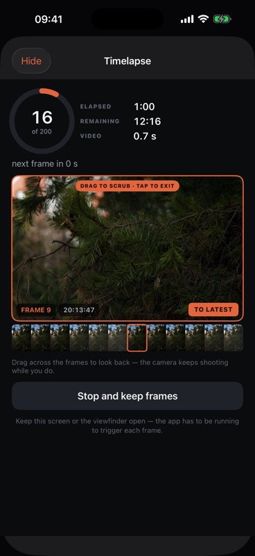 A timelapse mid-shoot: the frame count, the time to the next frame, and a strip of frames to drag through.